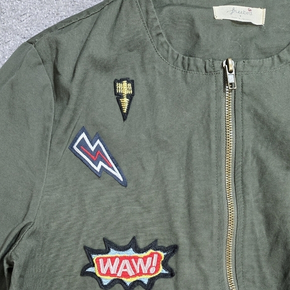 Freebird 100% Cotton Olive Green Embroidered Patch Bomber Jacket Y2K Look - Picture 4 of 9